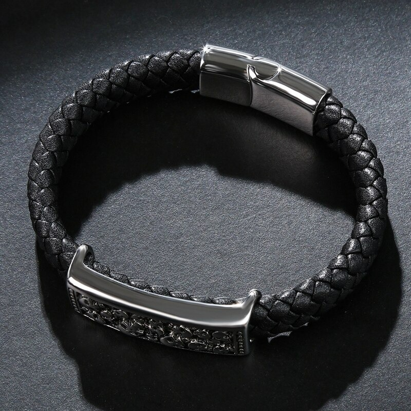 Fashion Genuine Leather Stainless Steel Bracelet with Skulls / Men's Jewelry in Rock Punk Style
