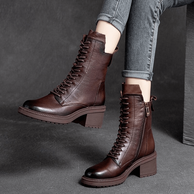 Fashion Ladies Boots of Genuine Leather / Short Women's Ankle Boots with Lace Up