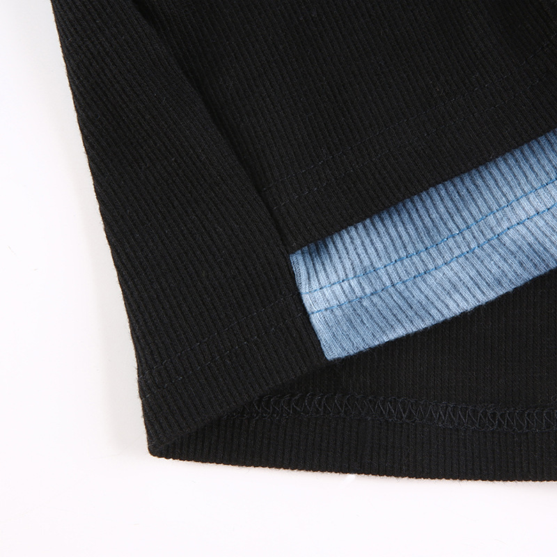 Fashion Long Sleeve Patchwork T-Shirt / Women's Chain Black Crop Top