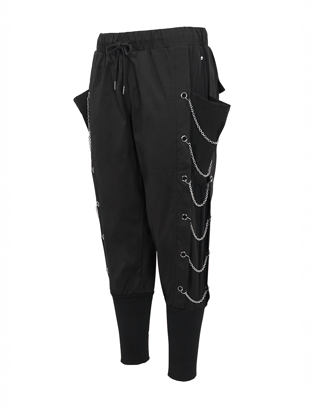 Fashion Loose Cargo Pants with Chain Eyelets / Gothic Punk Elastic Waistband Tapered Trousers