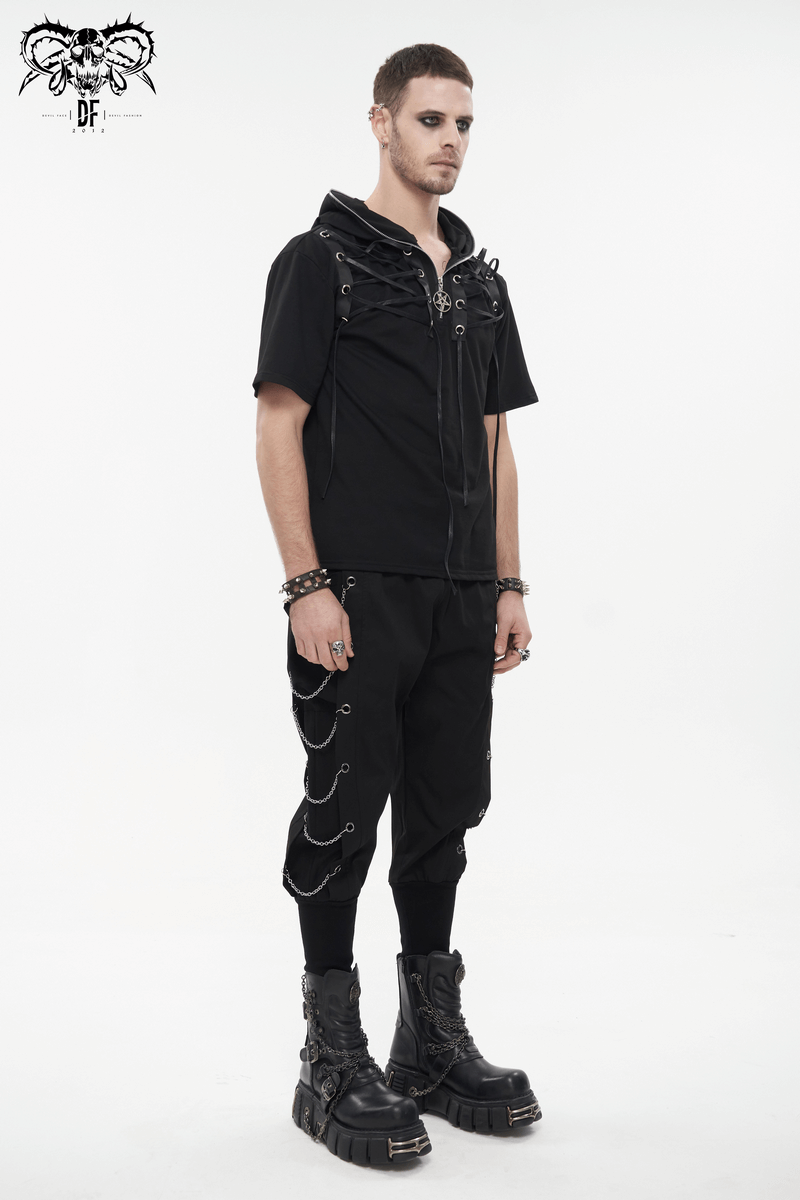 Fashion Loose Cargo Pants with Chain Eyelets / Gothic Punk Elastic Waistband Tapered Trousers