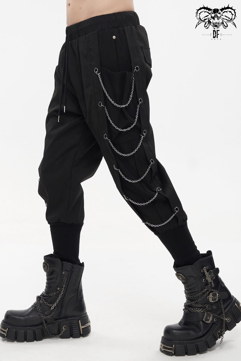 Fashion Loose Cargo Pants with Chain Eyelets / Gothic Punk Elastic Waistband Tapered Trousers