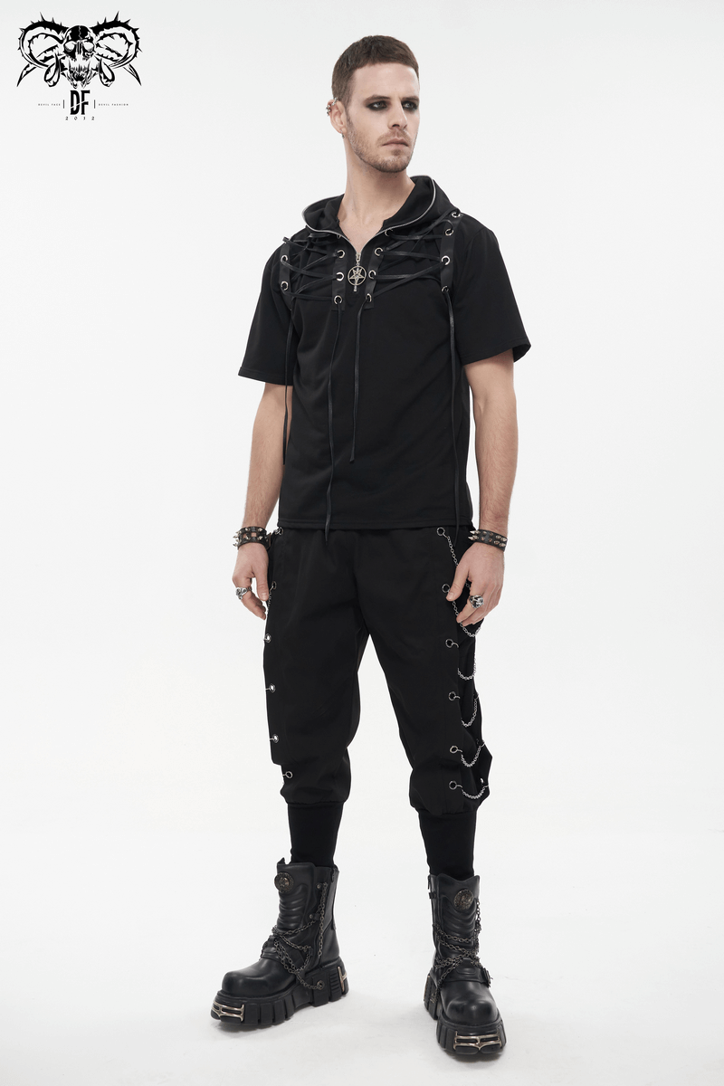 Fashion Loose Cargo Pants with Chain Eyelets / Gothic Punk Elastic Waistband Tapered Trousers
