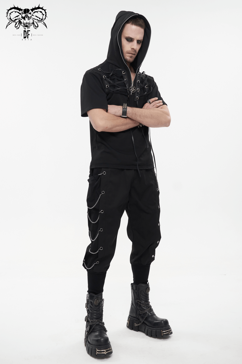 Fashion Loose Cargo Pants with Chain Eyelets / Gothic Punk Elastic Waistband Tapered Trousers
