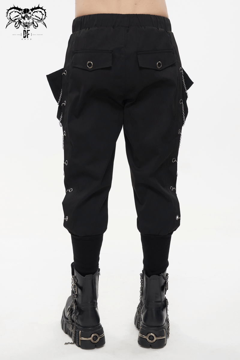 Fashion Loose Cargo Pants with Chain Eyelets / Gothic Punk Elastic Waistband Tapered Trousers