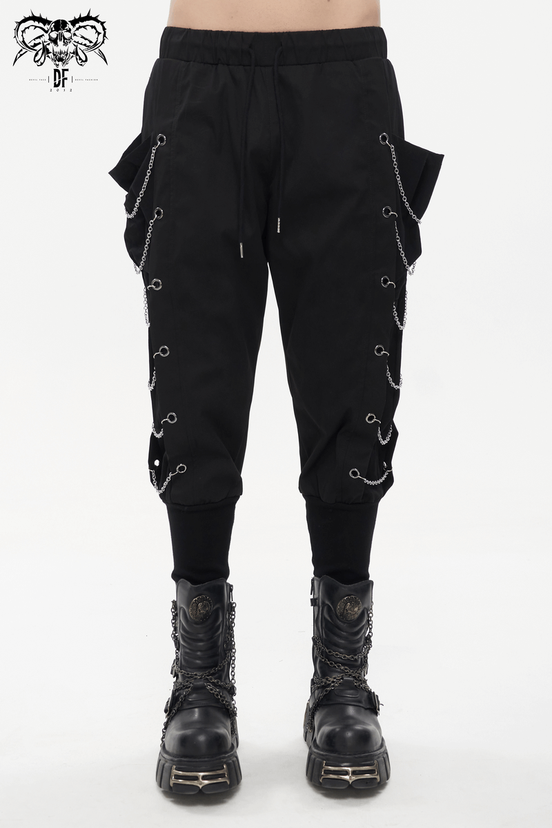 Fashion Loose Cargo Pants with Chain Eyelets / Gothic Punk Elastic Waistband Tapered Trousers