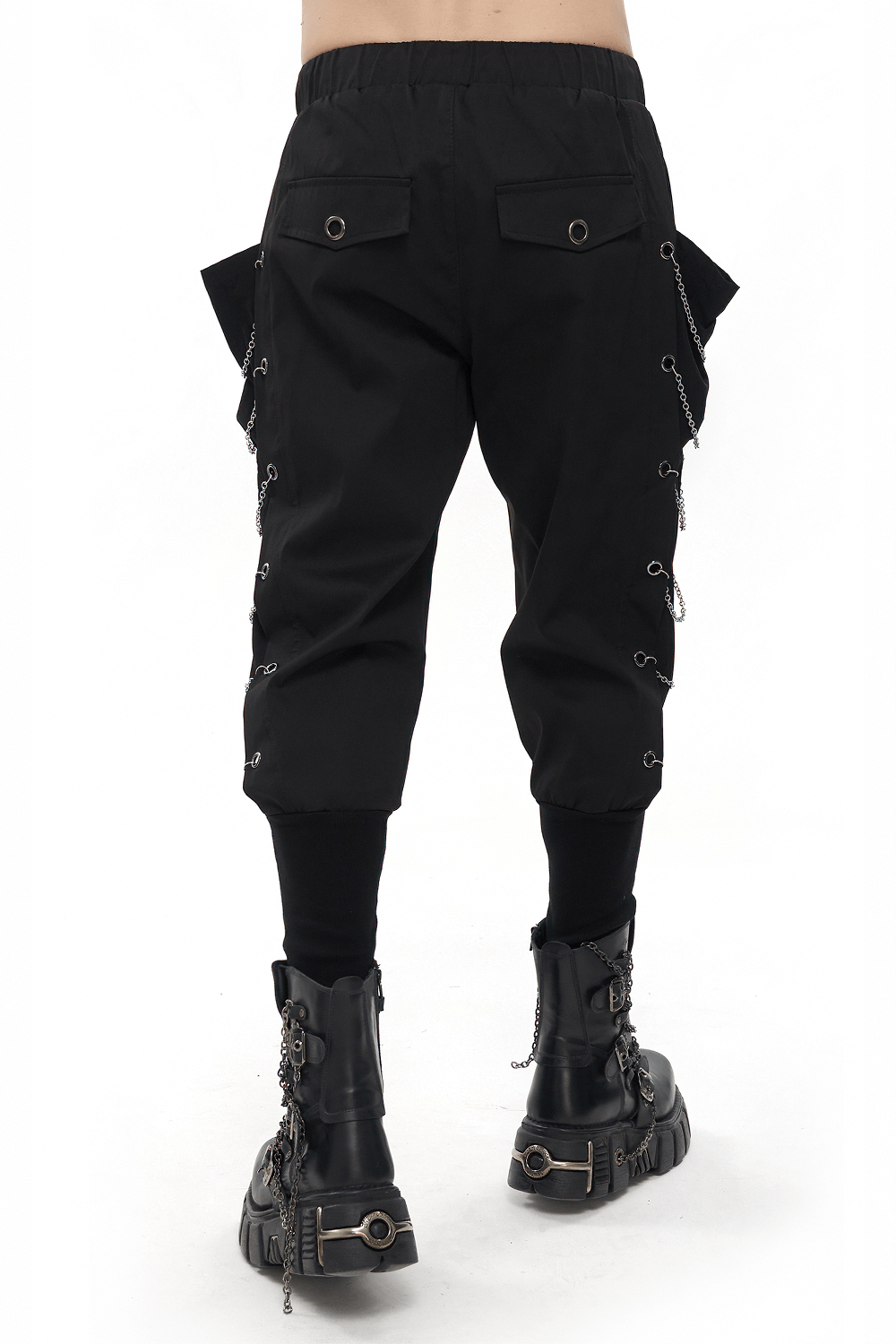 Fashion Loose Cargo Pants with Chain Eyelets / Gothic Punk Elastic Waistband Tapered Trousers