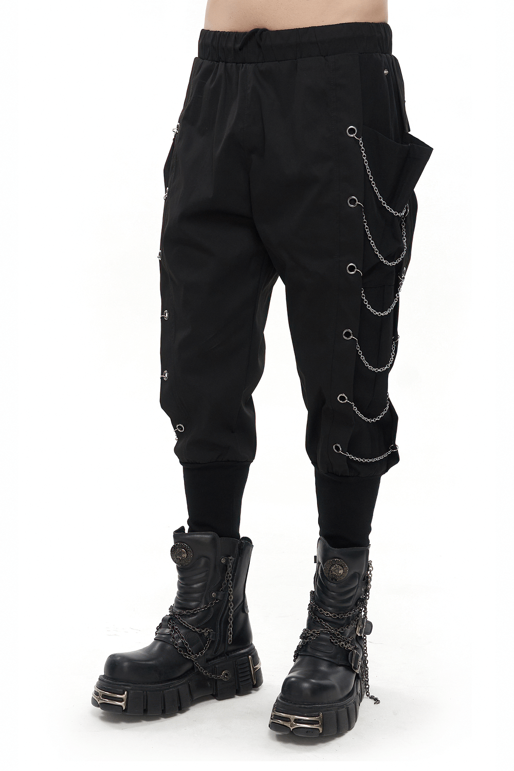 Fashion Loose Cargo Pants with Chain Eyelets / Gothic Punk Elastic Waistband Tapered Trousers