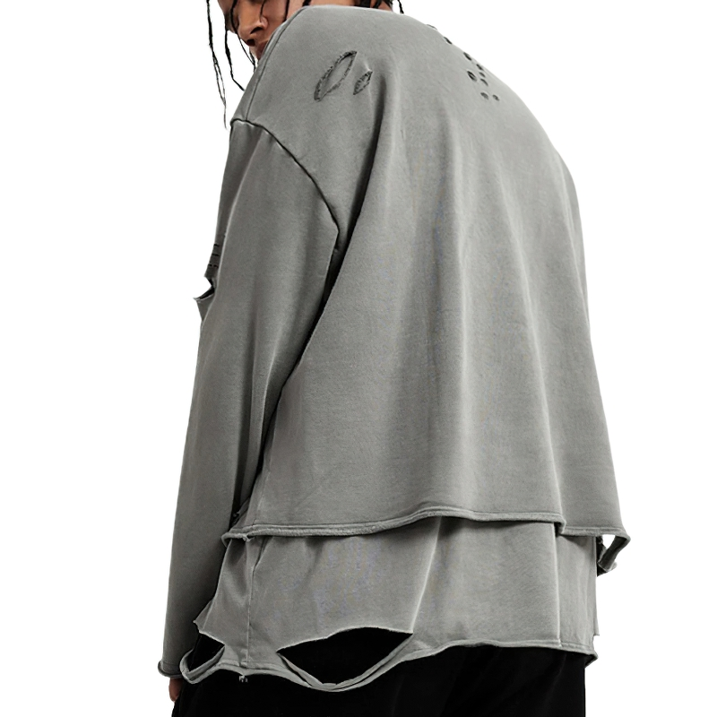 Fashion Loose Ripped Pullover / Men's Solid Color Cotton Sweatshirt / Punk Casual Tops