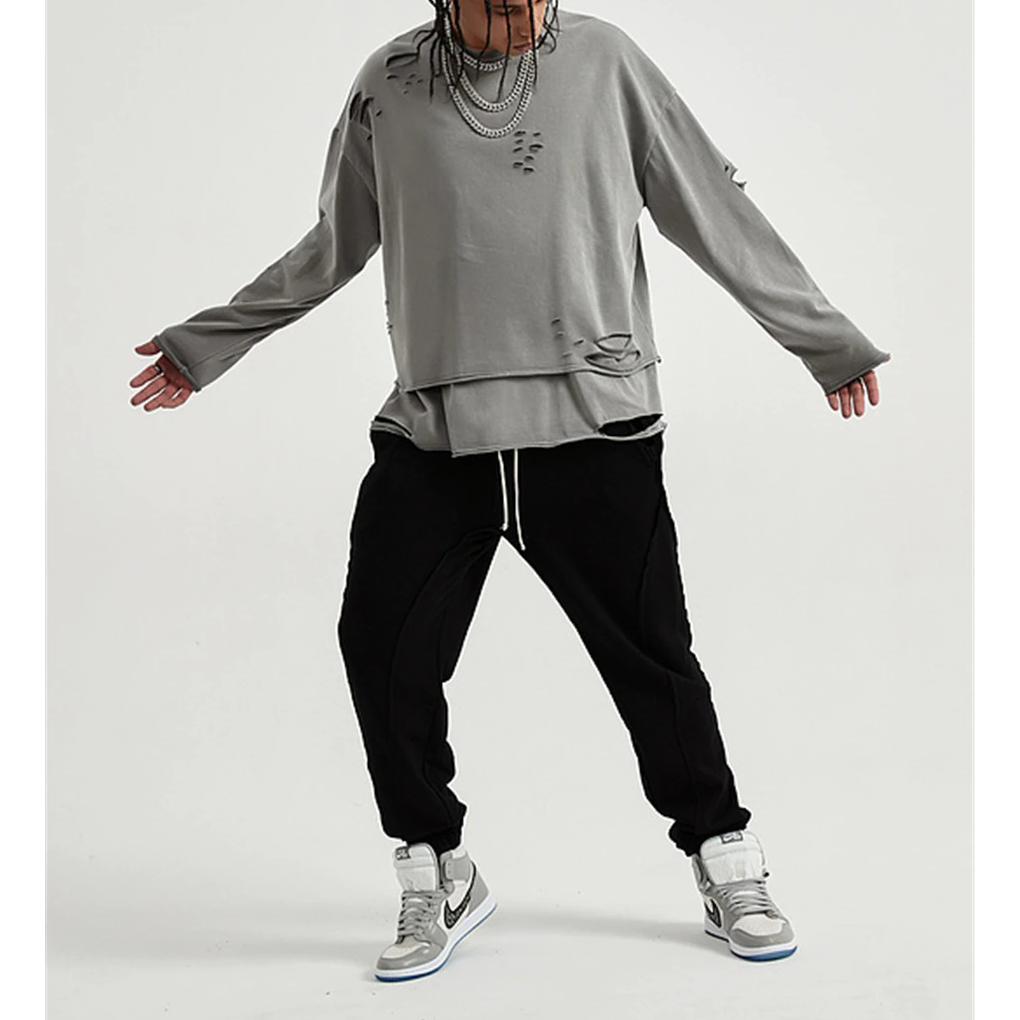 Fashion Loose Ripped Pullover / Men's Solid Color Cotton Sweatshirt / Punk Casual Tops