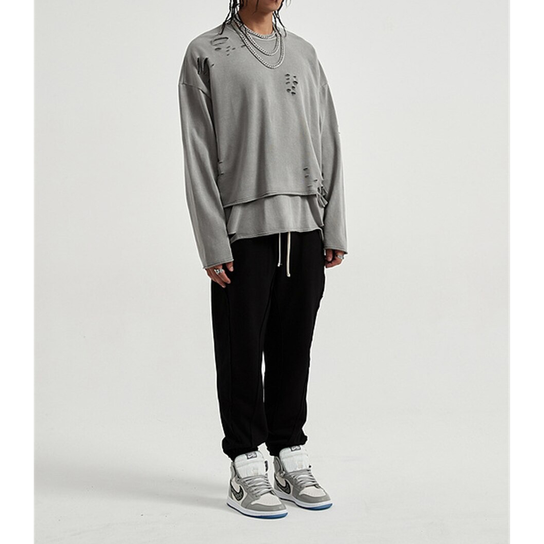 Fashion Loose Ripped Pullover / Men's Solid Color Cotton Sweatshirt / Punk Casual Tops