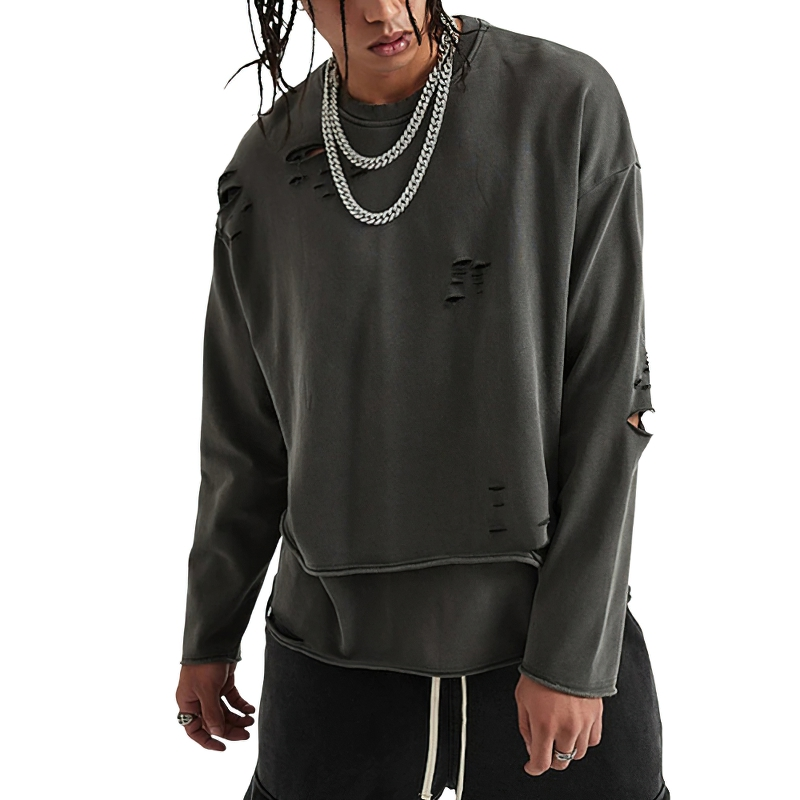 Fashion Loose Ripped Pullover / Men's Solid Color Cotton Sweatshirt / Punk Casual Tops
