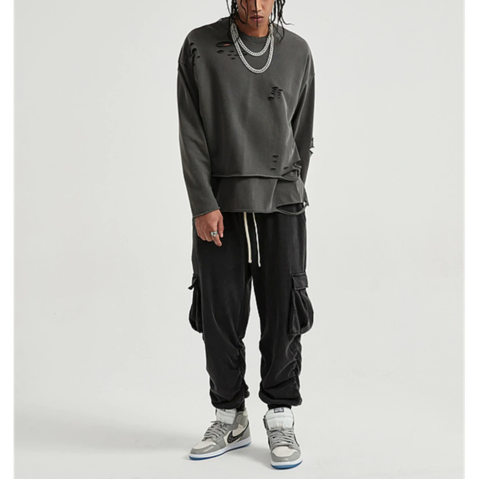 Fashion Loose Ripped Pullover / Men's Solid Color Cotton Sweatshirt / Punk Casual Tops