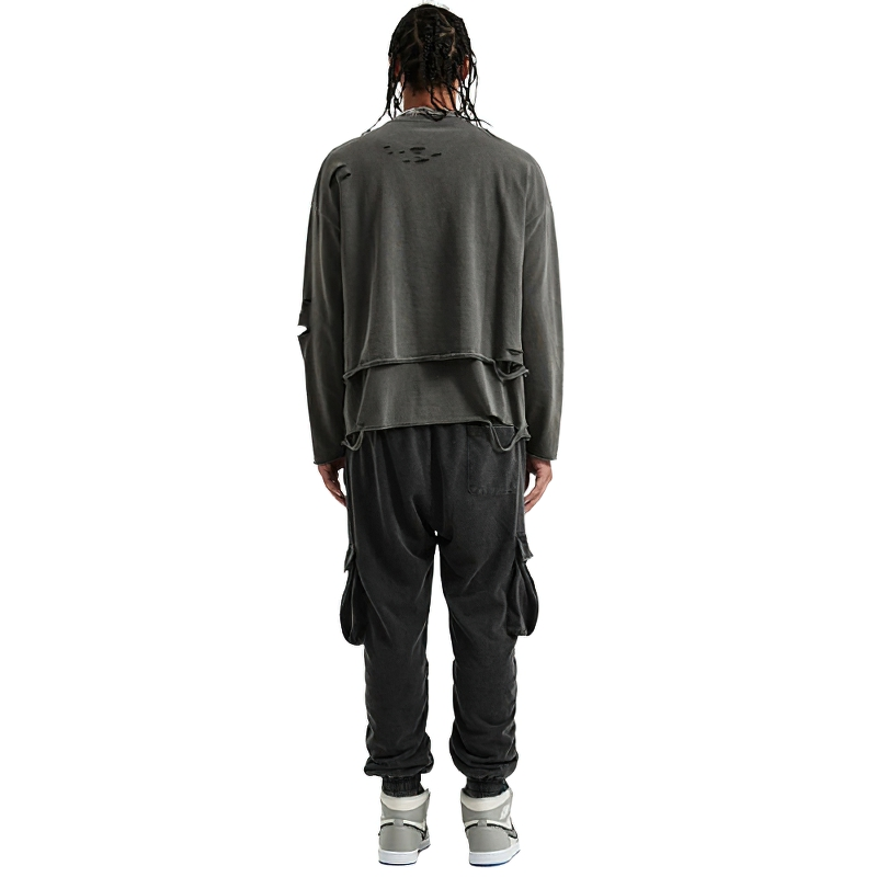 Fashion Loose Ripped Pullover / Men's Solid Color Cotton Sweatshirt / Punk Casual Tops