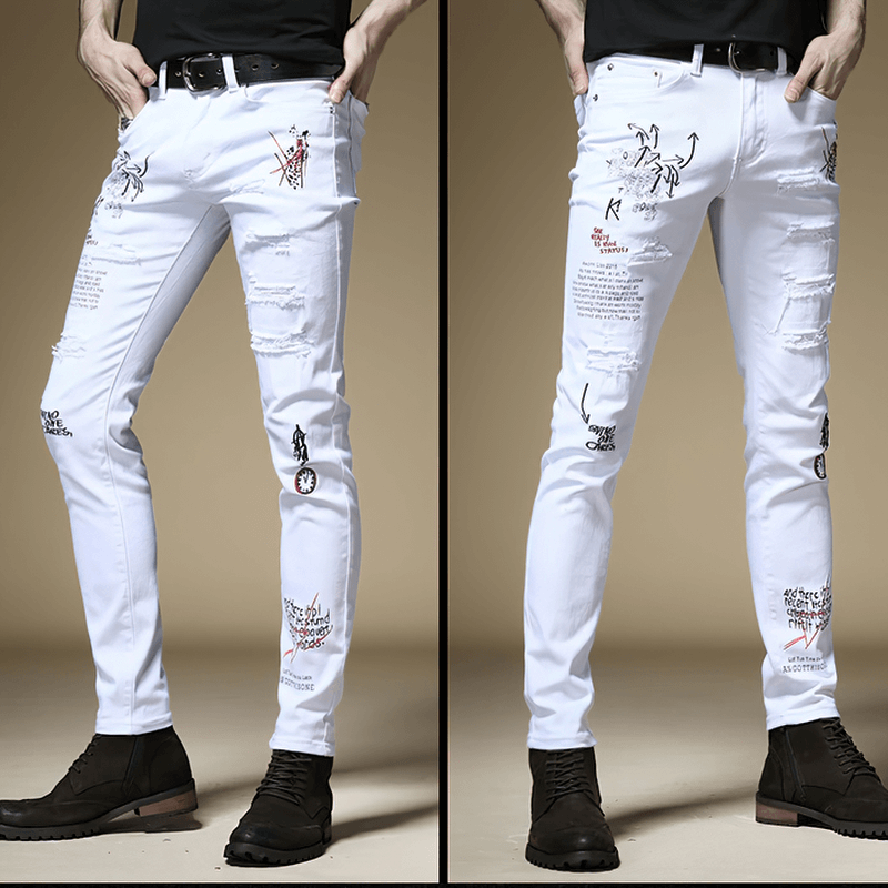 Fashion Male Letter Print Slim Jeans / Zipper Denim Skinny Pants