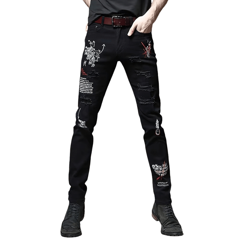 Fashion Male Letter Print Slim Jeans / Zipper Denim Skinny Pants