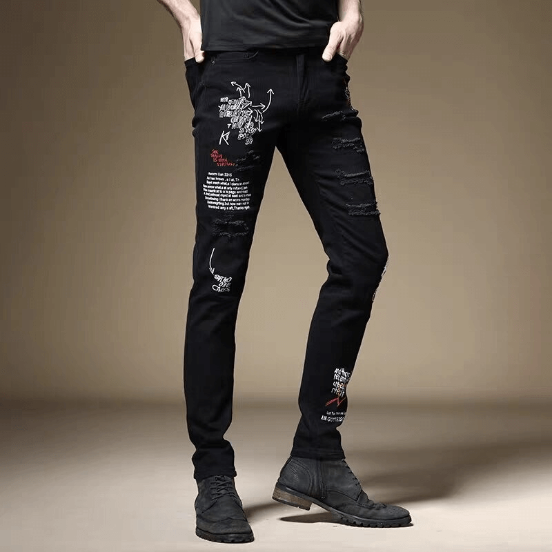 Fashion Male Letter Print Slim Jeans / Zipper Denim Skinny Pants
