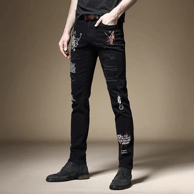 Fashion Male Letter Print Slim Jeans / Zipper Denim Skinny Pants