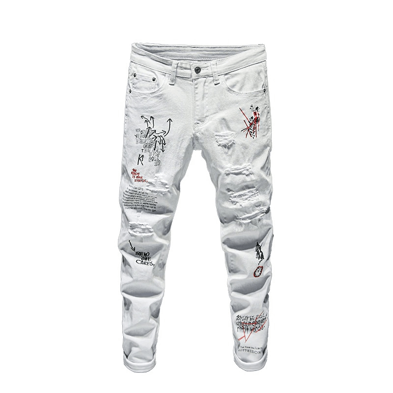 Fashion Male Letter Print Slim Jeans / Zipper Denim Skinny Pants