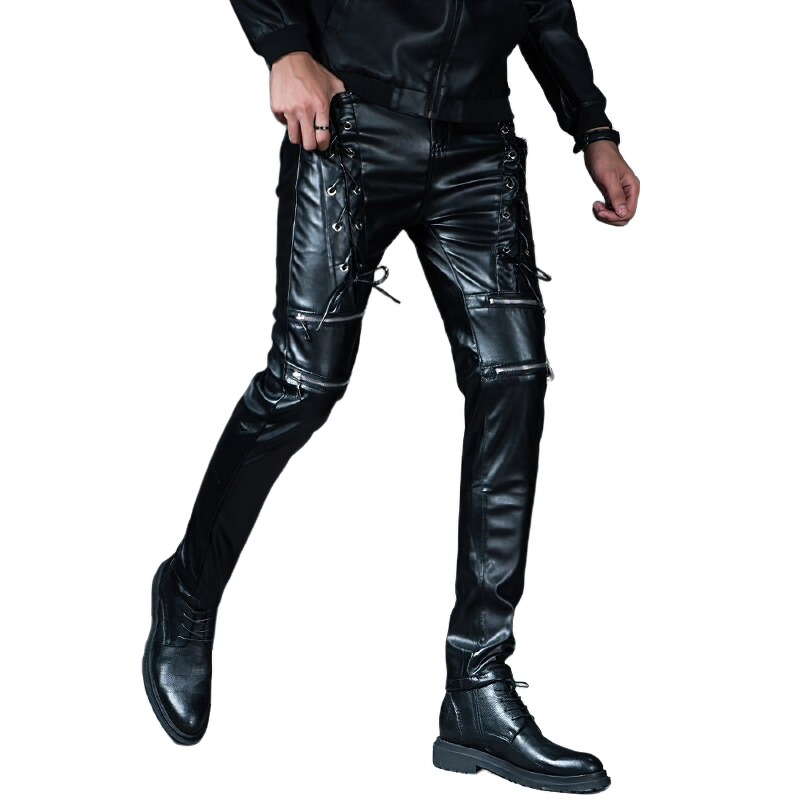 Fashion Male Skinny Biker Faux Leather Pants / Motorcycle Trousers For Men