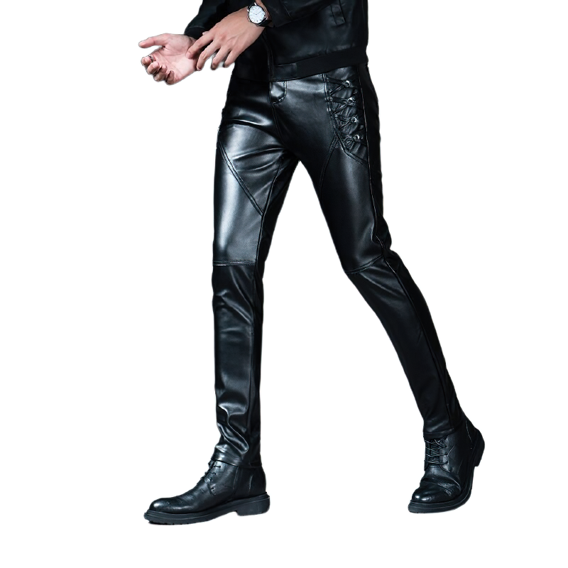 Fashion Male Skinny Biker Faux Leather Pants / Motorcycle Trousers For Men