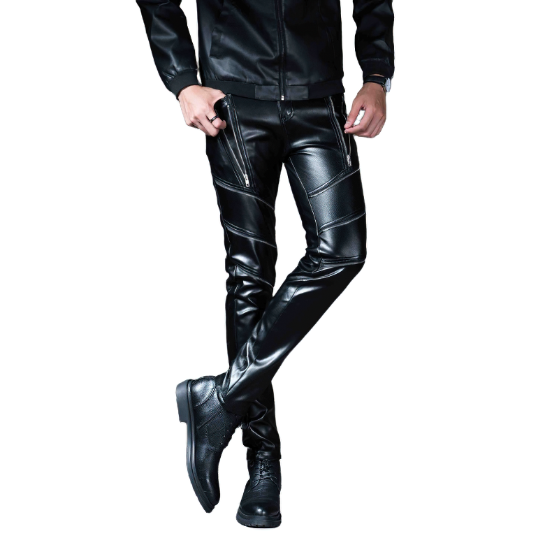 Fashion Male Skinny Biker Faux Leather Pants / Motorcycle Trousers For Men
