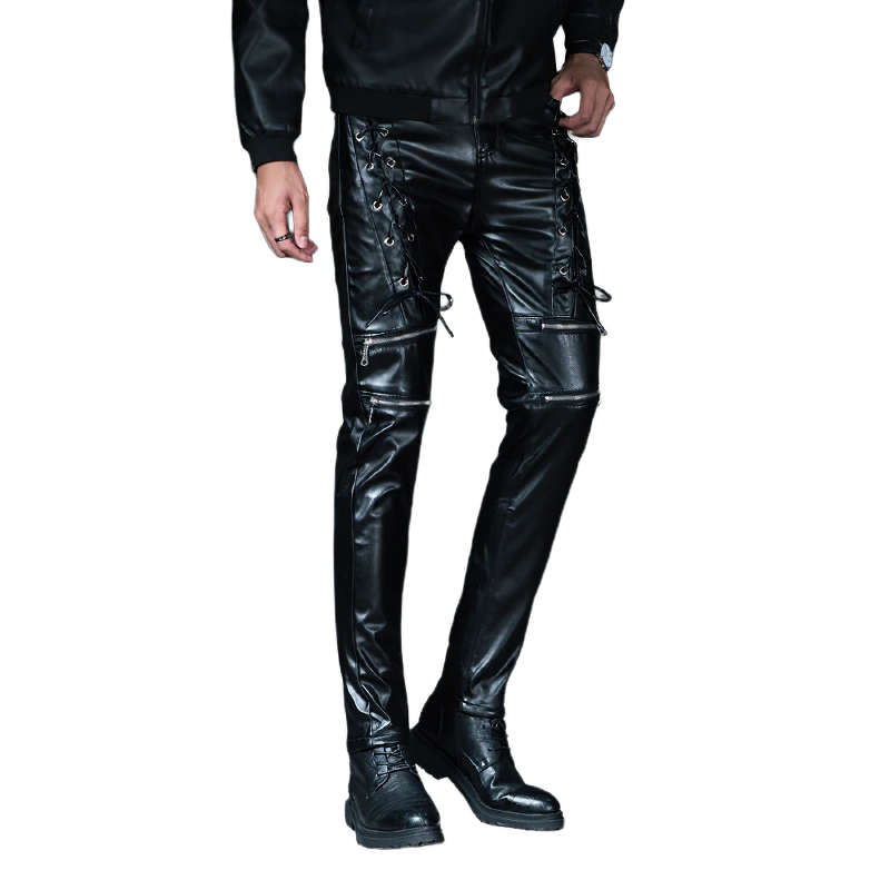 Fashion Male Skinny Biker Faux Leather Pants / Motorcycle Trousers For Men
