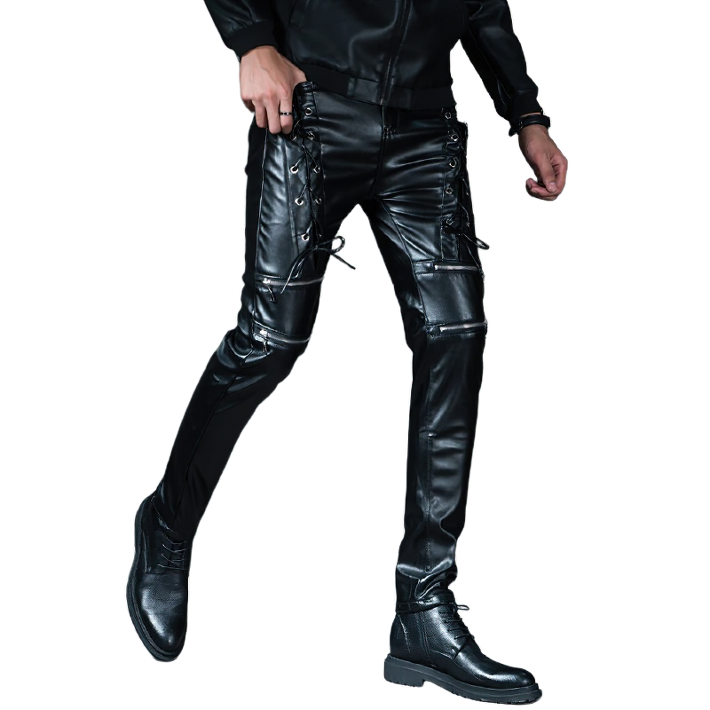 Fashion Male Skinny Biker Faux Leather Pants / Motorcycle Trousers For Men