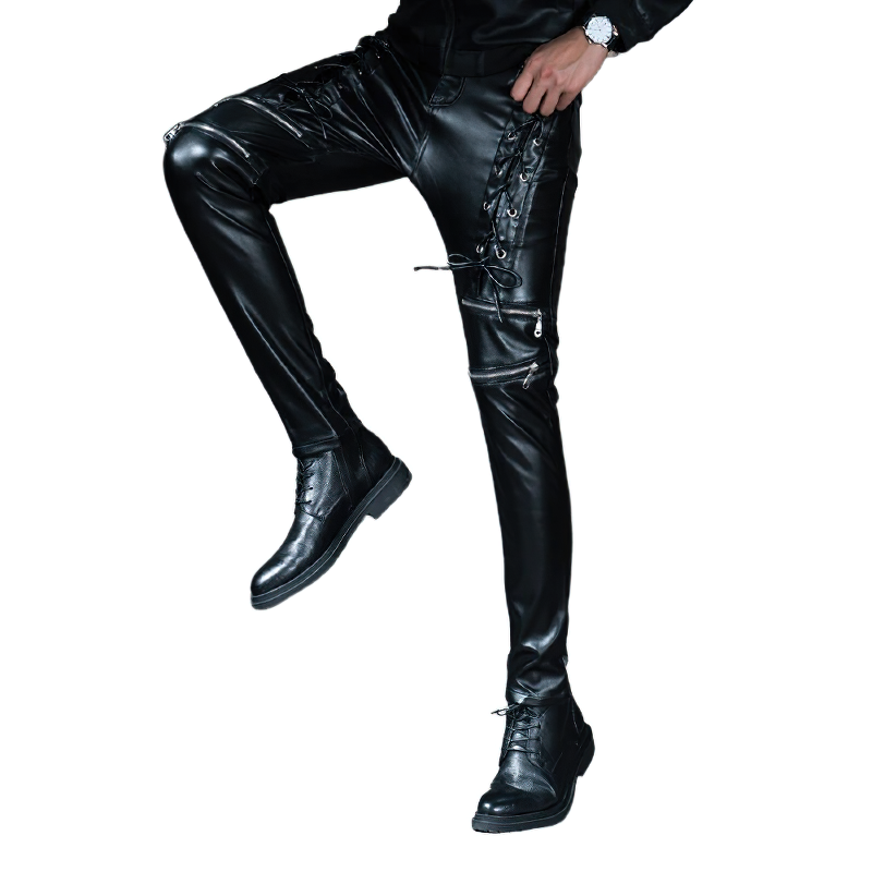 Fashion Male Skinny Biker Faux Leather Pants / Motorcycle Trousers For Men