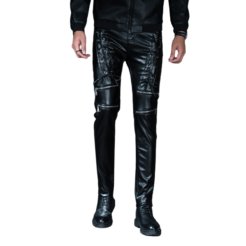 Fashion Male Skinny Biker Faux Leather Pants / Motorcycle Trousers For Men