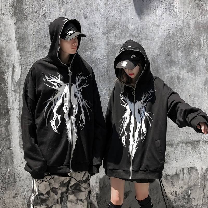 Fashion Male Zipper Hoodie with Punk Graphic Print / Casual Oversize Black Sweatshirt for Men