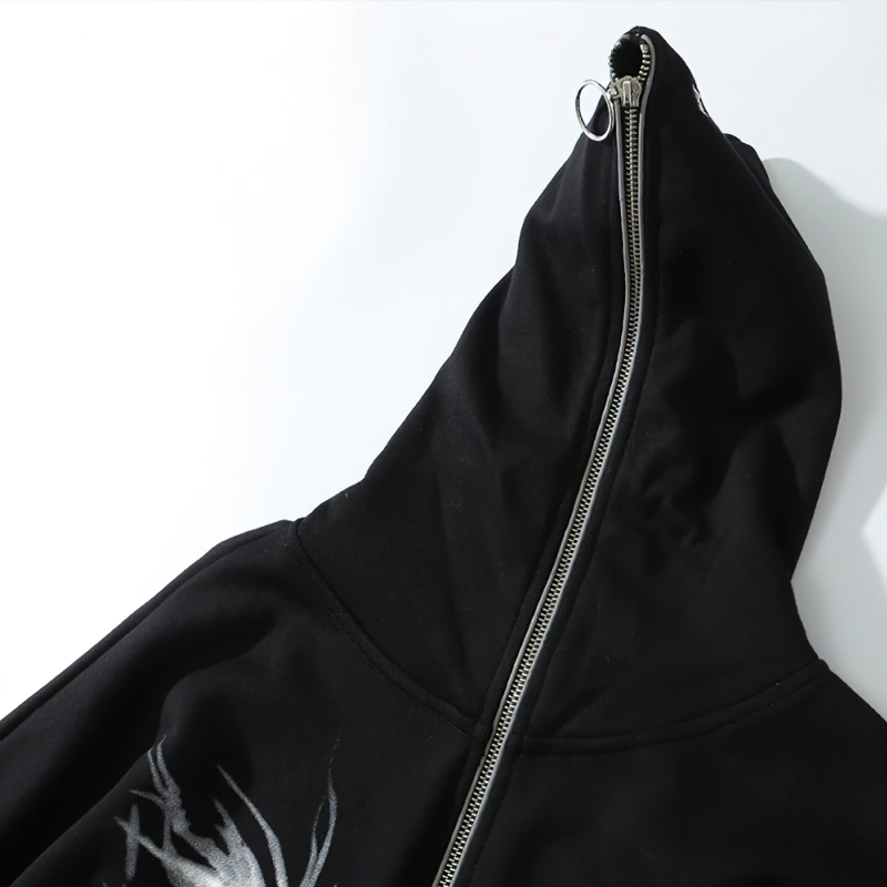 Fashion Male Zipper Hoodie with Punk Graphic Print / Casual Oversize Black Sweatshirt for Men