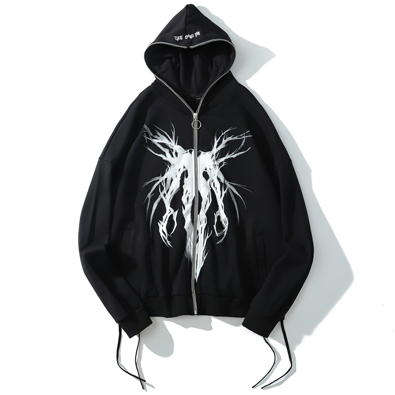 Fashion Male Zipper Hoodie with Punk Graphic Print / Casual Oversize Black Sweatshirt for Men