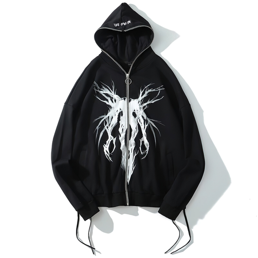 Fashion Male Zipper Hoodie with Punk Graphic Print / Casual Oversize Black Sweatshirt for Men