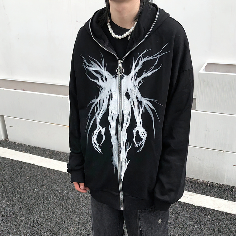 Fashion Male Zipper Hoodie with Punk Graphic Print / Casual Oversize Black Sweatshirt for Men