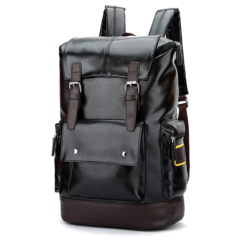 Fashion Men's Black PU Leather Backpack / Brand Multi Pockets Travel Large Capacity Backpacks