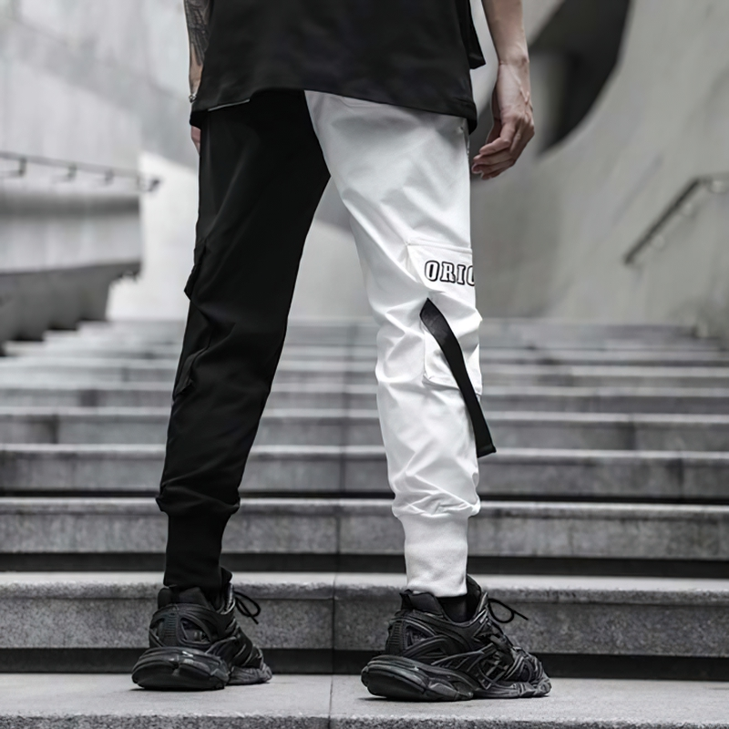 Fashion Men's Cargo Pants of Black White Patchwork / Casual Male Cotton Trousers with Pockets