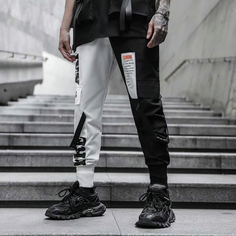 Fashion Men's Cargo Pants of Black White Patchwork / Casual Male Cotton Trousers with Pockets