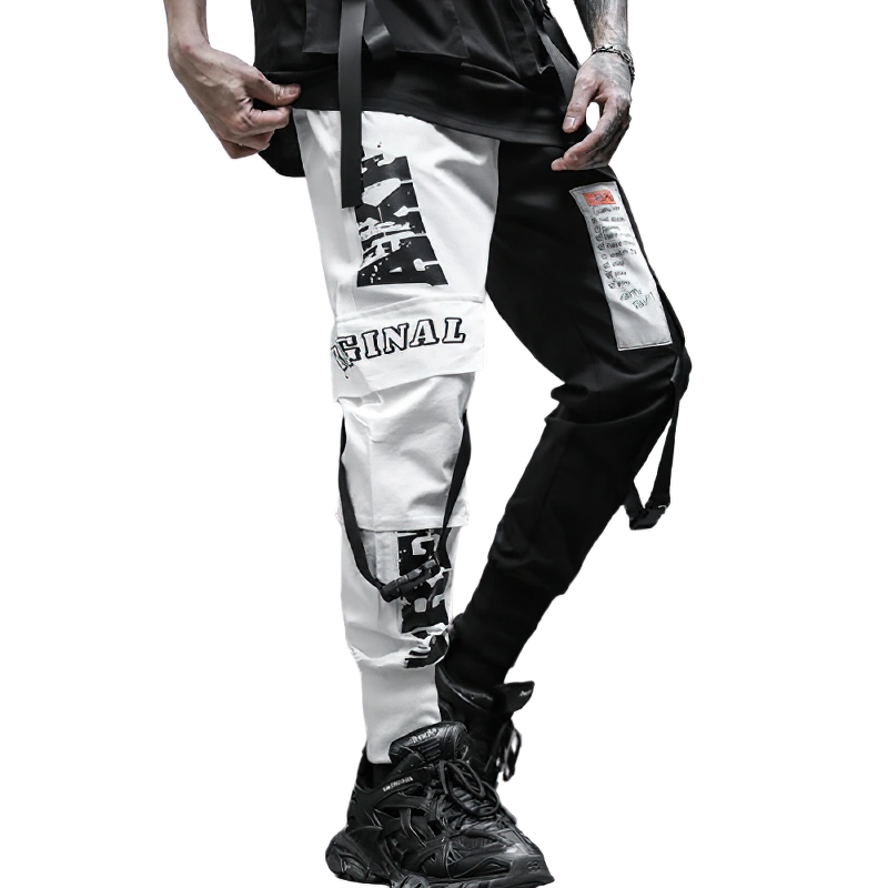 Fashion Men's Cargo Pants of Black White Patchwork / Casual Male Cotton Trousers with Pockets