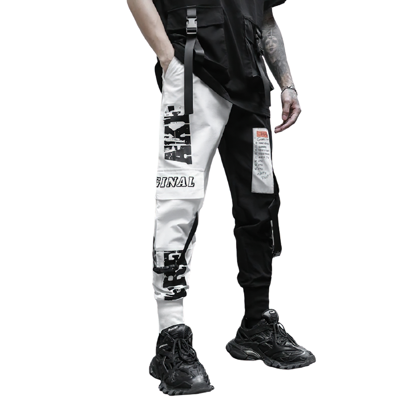 Fashion Men's Cargo Pants of Black White Patchwork / Casual Male Cotton Trousers with Pockets