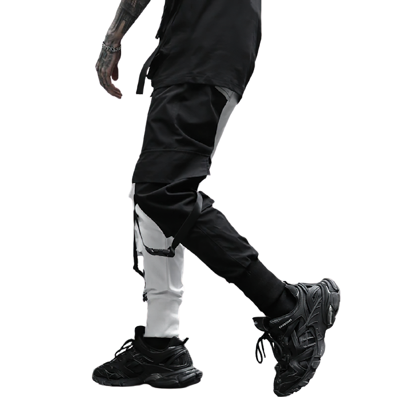 Fashion Men's Cargo Pants of Black White Patchwork / Casual Male Cotton Trousers with Pockets