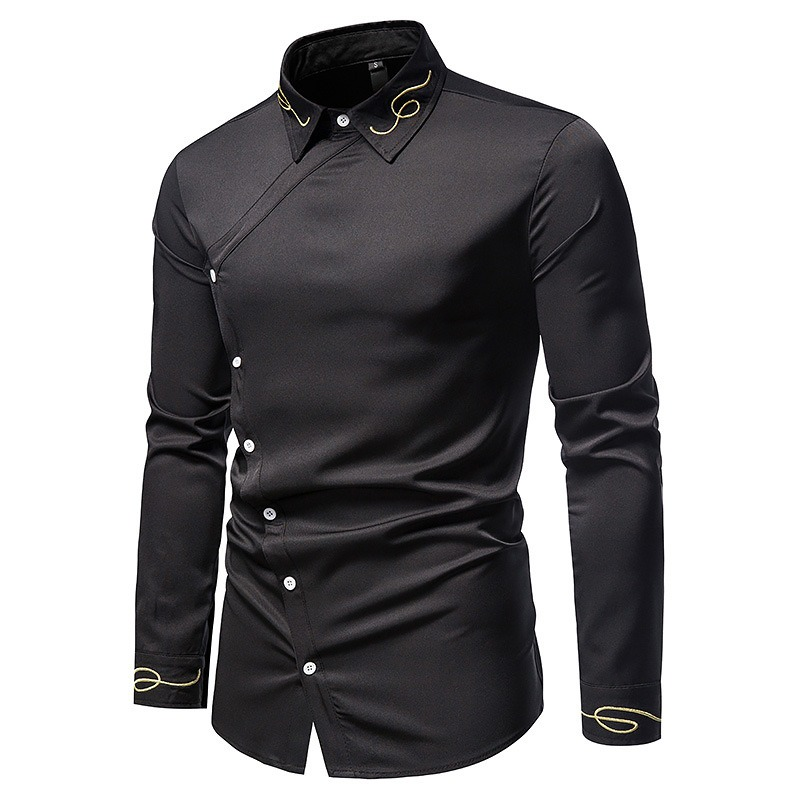 Fashion Men's Embroidered Asymmetric Long-sleeved Shirt / Male Cotton Shirts on Buttons