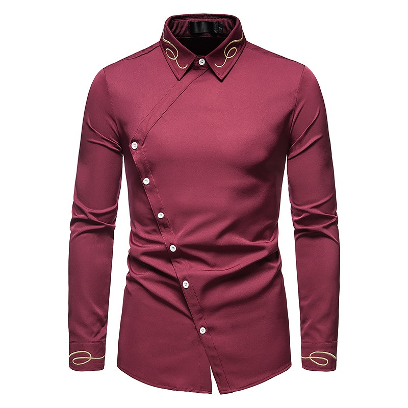 Fashion Men's Embroidered Asymmetric Long-sleeved Shirt / Male Cotton Shirts on Buttons