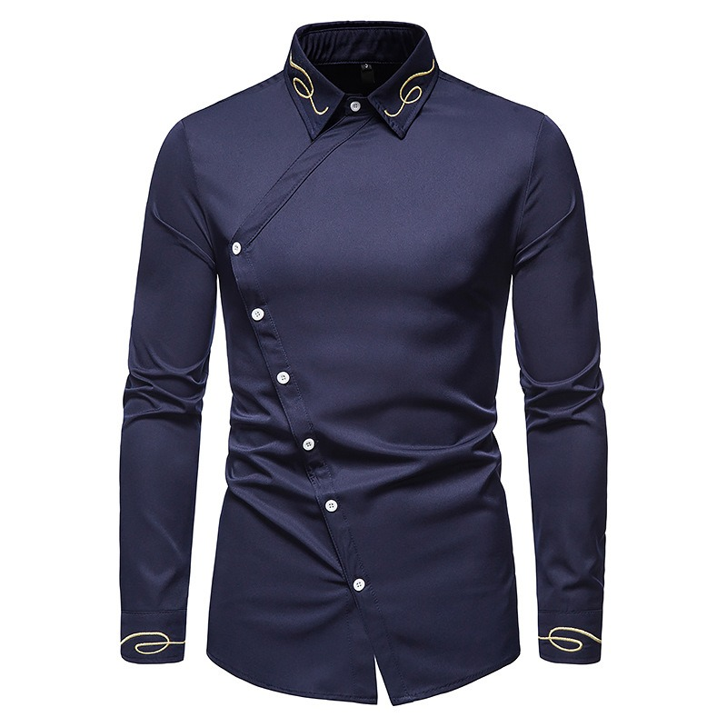 Fashion Men's Embroidered Asymmetric Long-sleeved Shirt / Male Cotton Shirts on Buttons