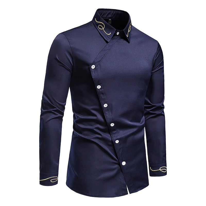 Fashion Men's Embroidered Asymmetric Long-sleeved Shirt / Male Cotton Shirts on Buttons
