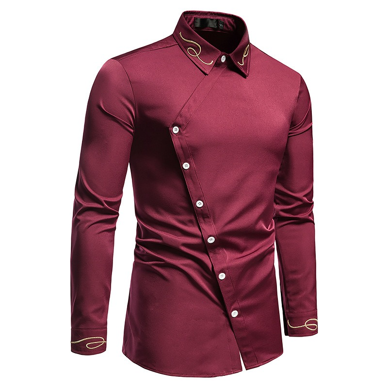 Fashion Men's Embroidered Asymmetric Long-sleeved Shirt / Male Cotton Shirts on Buttons