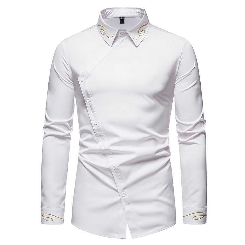 Fashion Men's Embroidered Asymmetric Long-sleeved Shirt / Male Cotton Shirts on Buttons