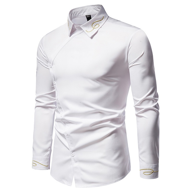 Fashion Men's Embroidered Asymmetric Long-sleeved Shirt / Male Cotton Shirts on Buttons