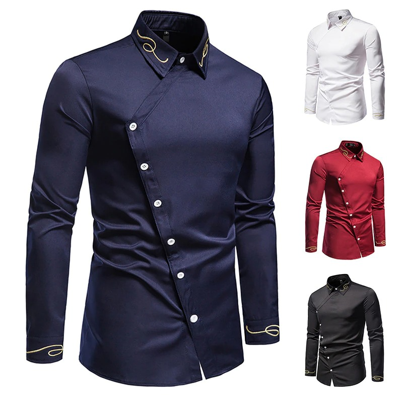 Fashion Men's Embroidered Asymmetric Long-sleeved Shirt / Male Cotton Shirts on Buttons