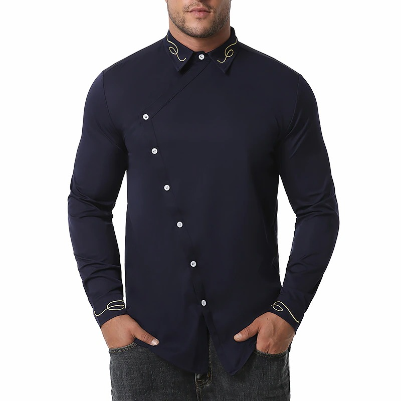 Fashion Men's Embroidered Asymmetric Long-sleeved Shirt / Male Cotton Shirts on Buttons